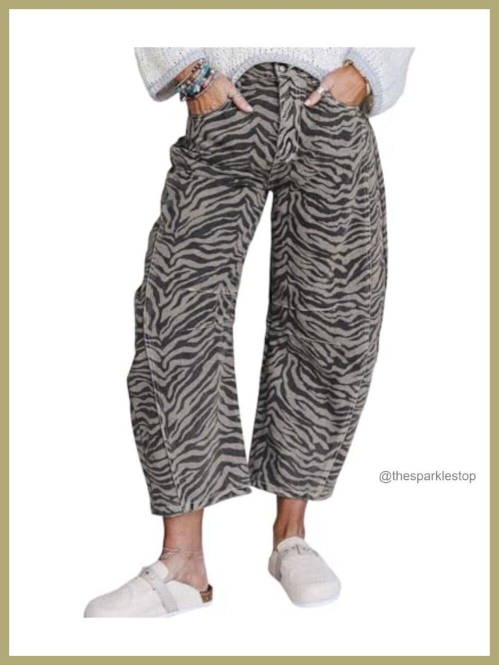 Women Barrel Jeans High Waisted Zebra Stripe Cropped Denim Pants